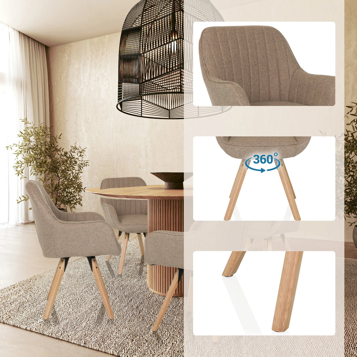 Beige pehmustettu tuoli SCANDI SOFT, jossa on 360 asteen kääntötoiminto ja puujalat, valmistaja hjh LIVING