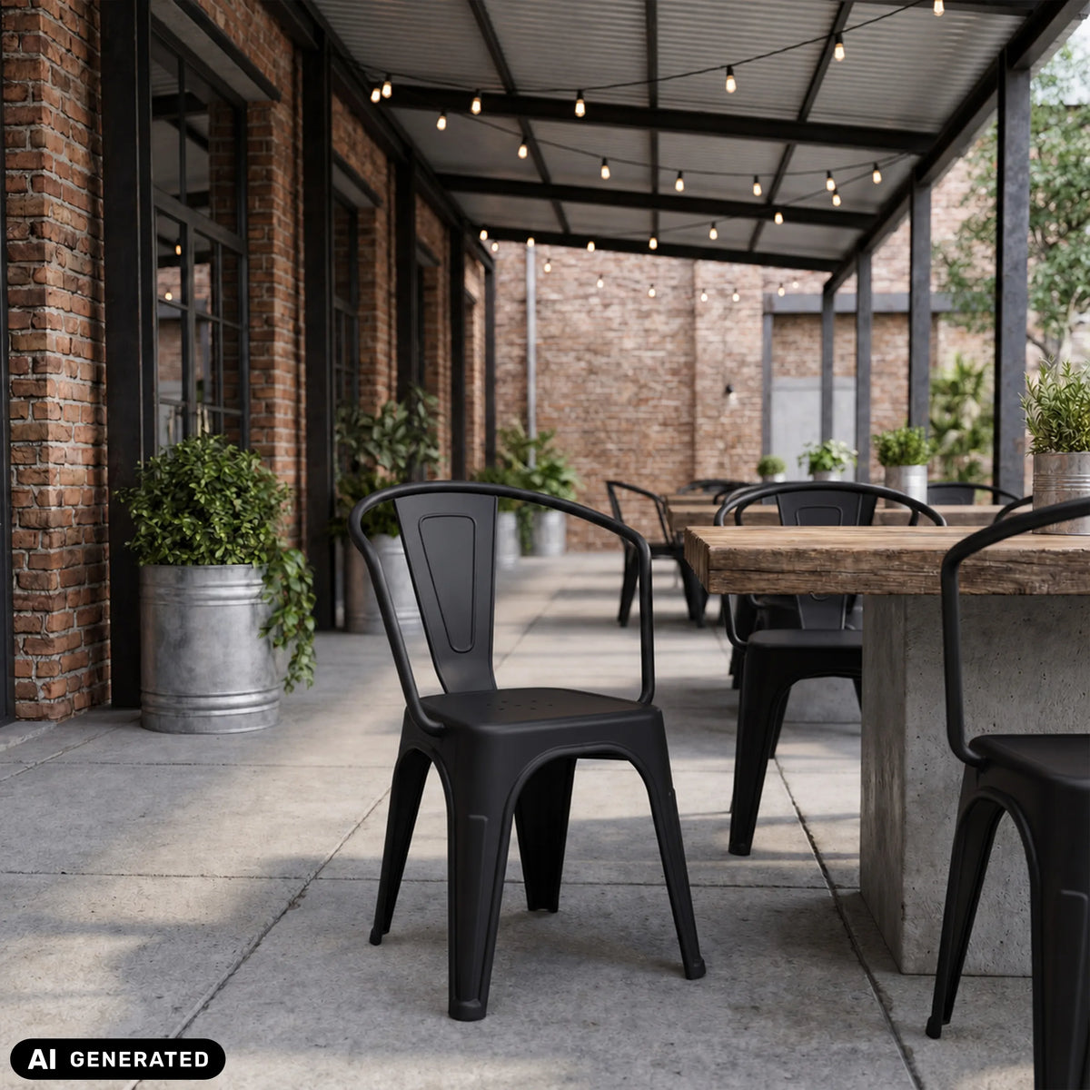 Mustat Vantaggio Poly-bistrotuolit puupöydän ääressä ulkona, valmistaja hjh OFFICE (tekoälyllä luotu kuva)