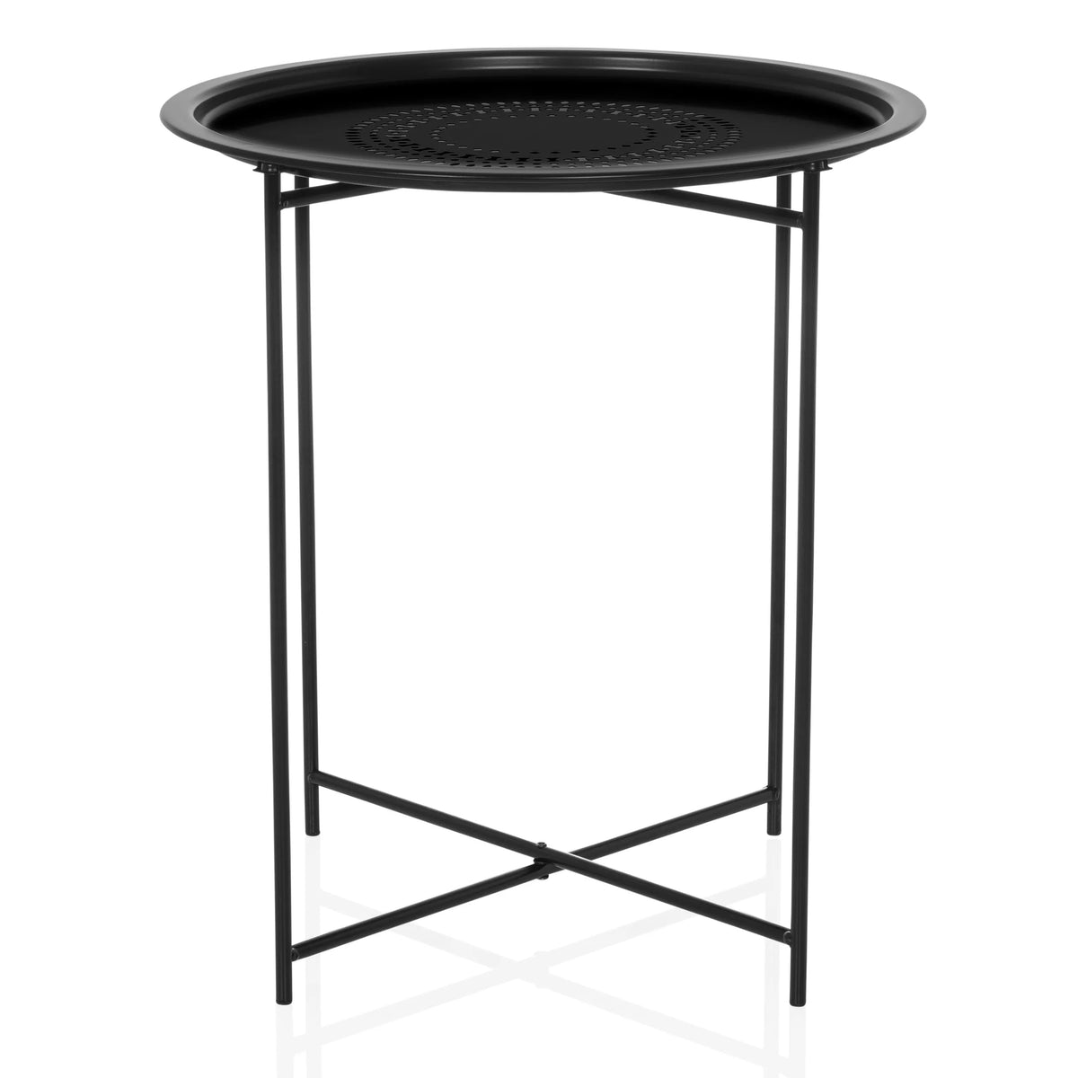Musta metallinen sivupöytä ALLRUND, jossa on pyöreä reikäkuvioitu levy ja ristijalka, valmistaja hjh LIVING – 360 asteen näkymä (etunäkymä 0°)