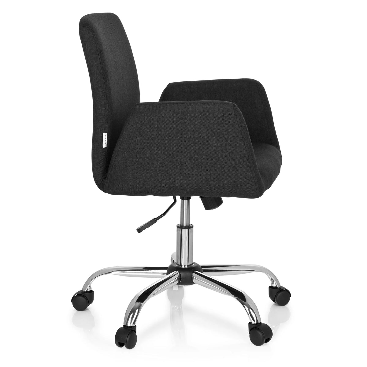 Musta Home Office -toimistotuoli FLOW käsinojilla ja kiiltävällä viisipyöräisellä jalustalla, valmistaja hjh OFFICE – 360 asteen näkymä (sivuprofiili 80°)