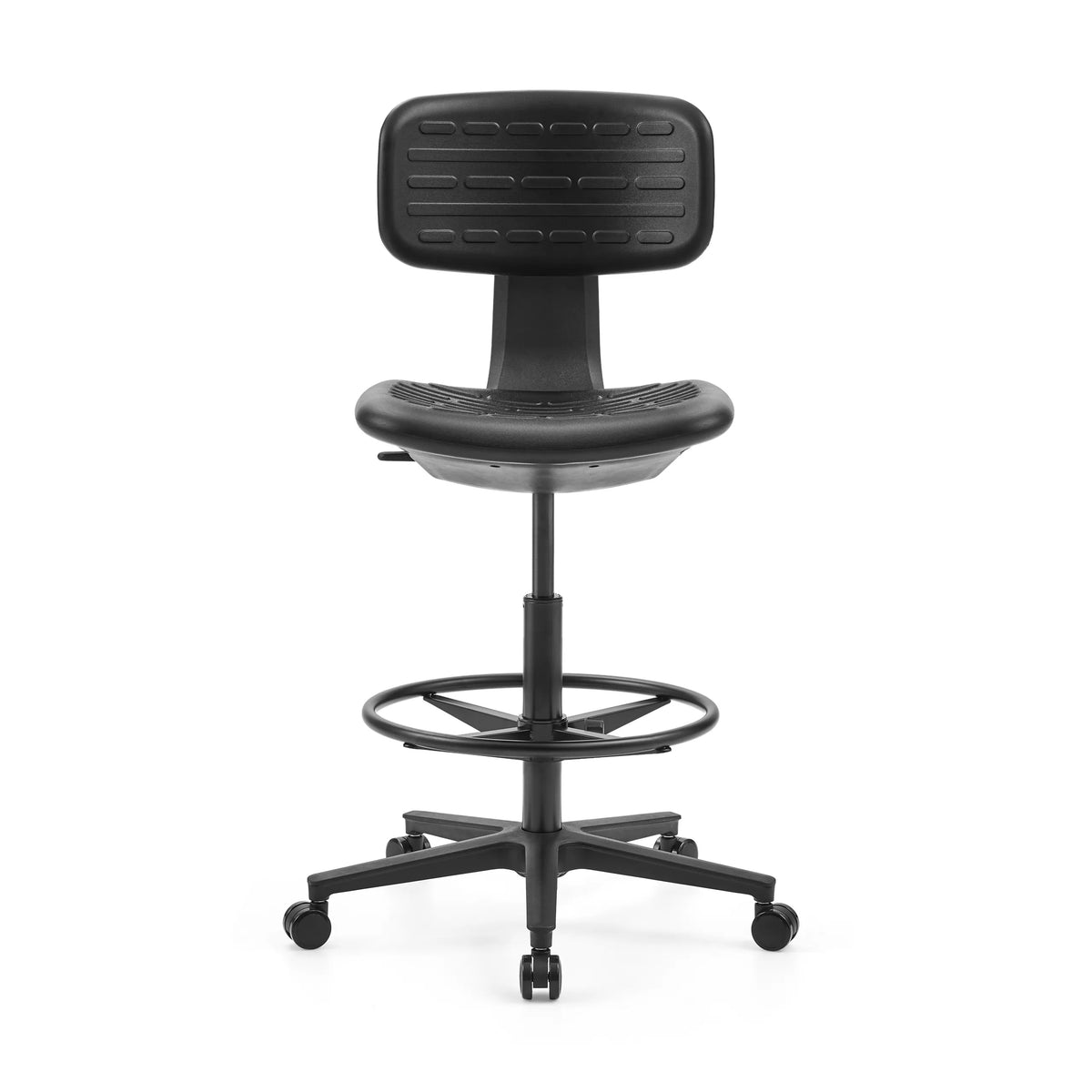 Musta korkea työtuoli TOP WORK B, jossa on jalkarengas ja viisipäinen rulla-alusta, valmistaja hjh OFFICE – 360 asteen näkymä (etunäkymä 0°)