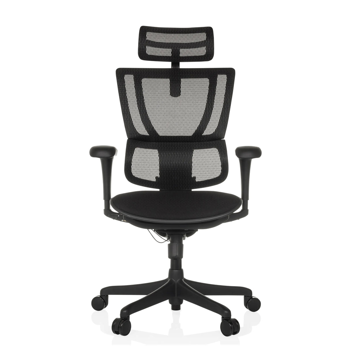 Musta luksustoimistotuoli ERGOHUMAN SLIM ECO F GEN2 verkkoselkänojalla ja viisijalkaisella pyörityksellä, valmistaja hjh OFFICE – 360 asteen näkymä (etunäkymä 0°)