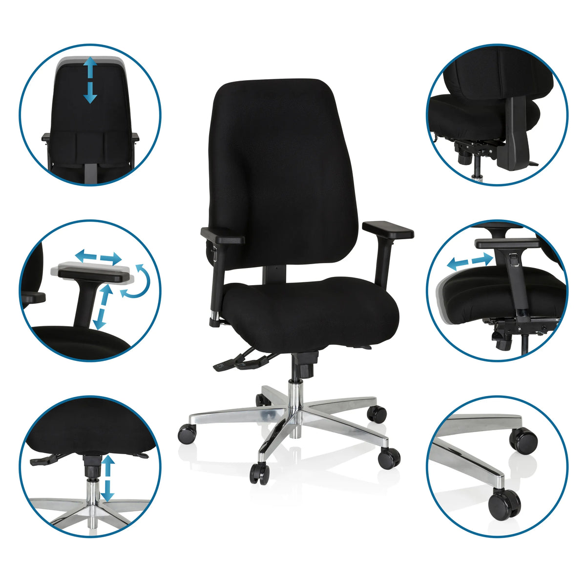 Ammattitason toimistotuoli ZENIT COMFORT-tuolin säädettävät toiminnot mustana pyörillä ja käsinojilla, valmistaja hjh OFFICE