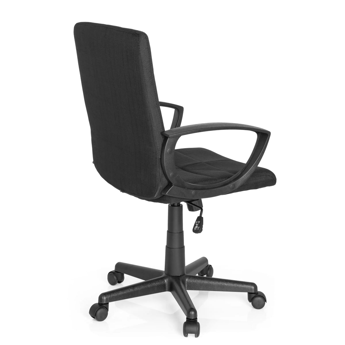 Musta Home Office -toimistotuoli STAR-TEC CL300 käsinojilla ja viisisakaraisella rullajalustalla, valmistaja MyBuero – 360 asteen näkymä (takaviistonäkymä 120°)