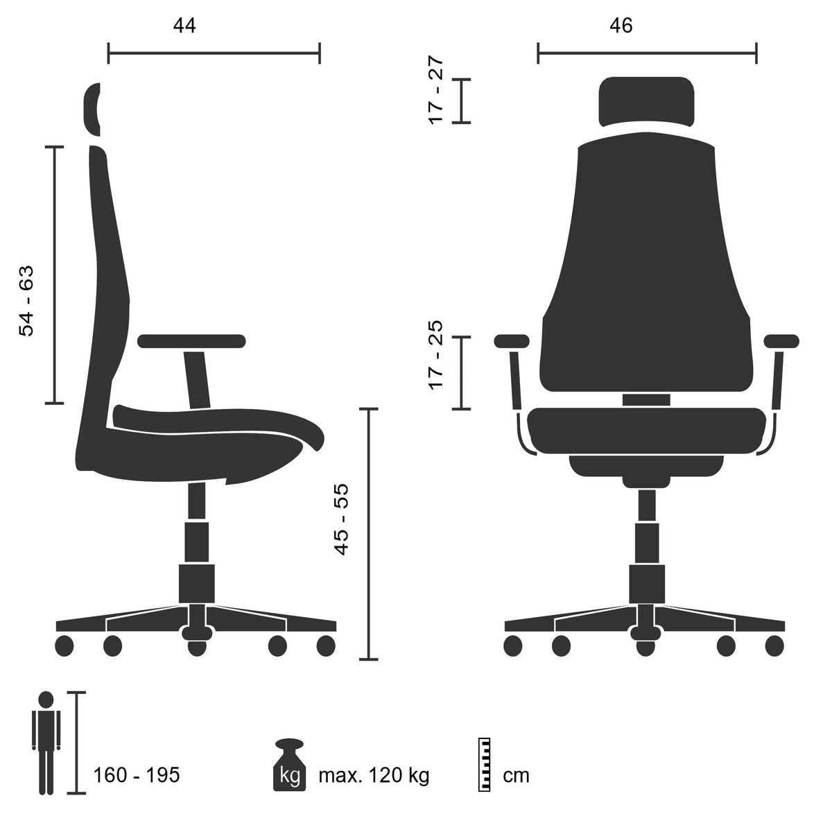 Technische Zeichnung des Profi-Bürostuhls SPEKTRE BLACK mit max. 120 kg Belastbarkeit von hjh OFFICE