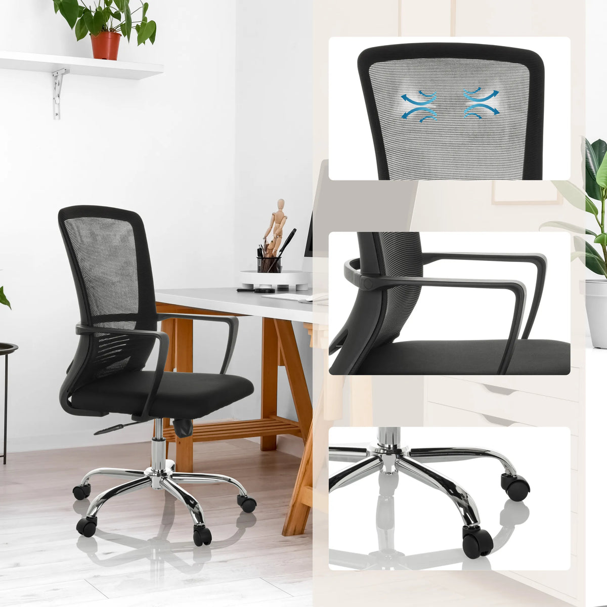 Home Office -toimistotuoli STAR-TEC S mustana verkkoselkätuella, käsinojilla ja tähtijalalla, valmistaja hjh OFFICE