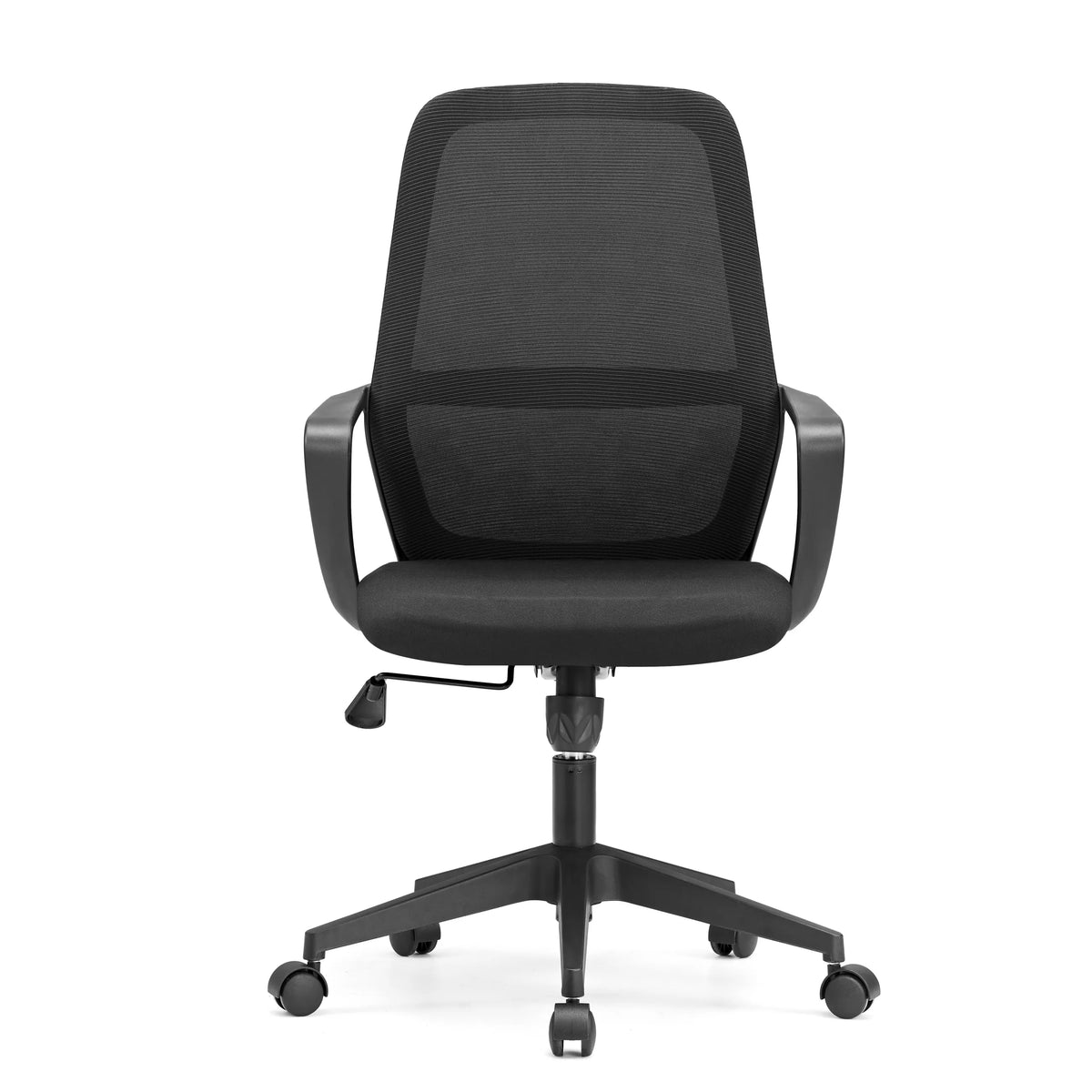 Musta Home Office -toimistotuoli Explorer verkkoselkänojalla ja viisipaikkaisella rullajalustalla, valmistaja MyBuero – 360 asteen näkymä (etunäkymä 0°)
