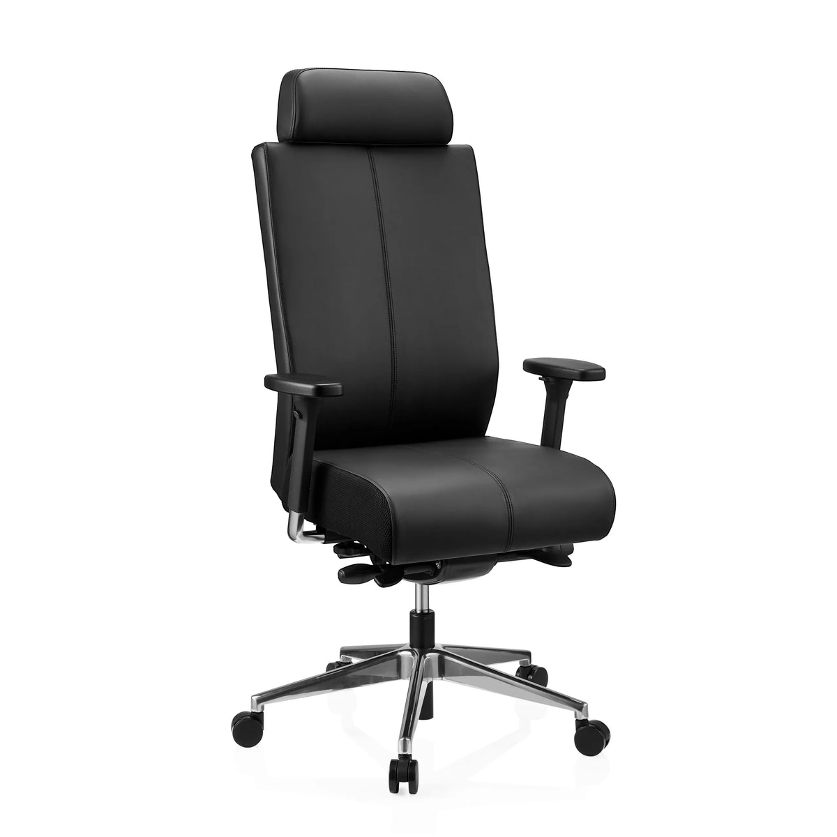 Musta Ammattitason toimistotuoli PRO-TEC XXL nahkaa, jossa on niskatuki ja viisipuolainen rullajalka, valmistaja hjh OFFICE – 360 asteen näkymä (etuviistonäkymä 30°)