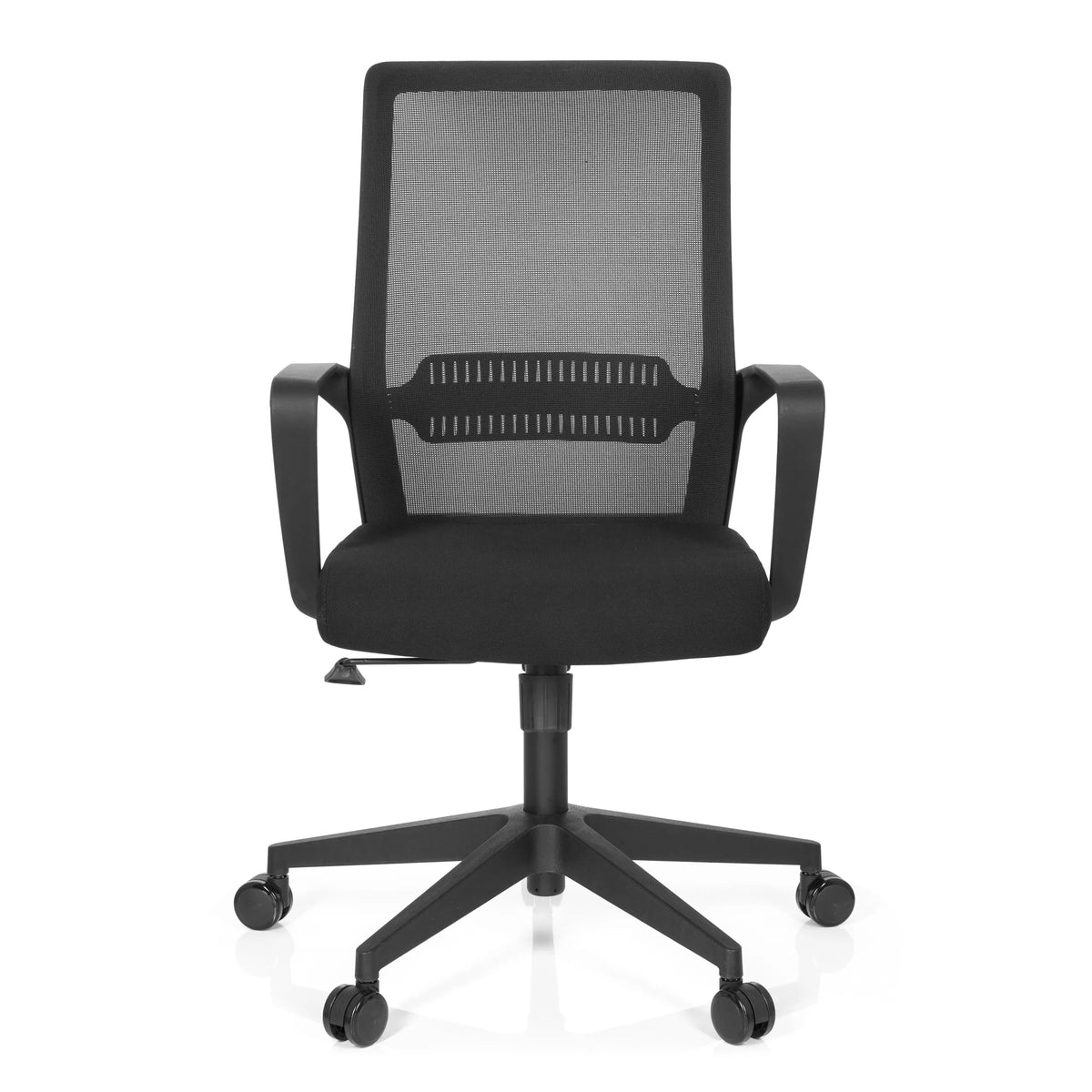 Musta Home Office -toimistotuoli PRESTON verkkoselkänojalla ja viisijalkaisella pyörätuella, valmistaja hjh OFFICE – 360 asteen näkymä (etunäkymä 0°)