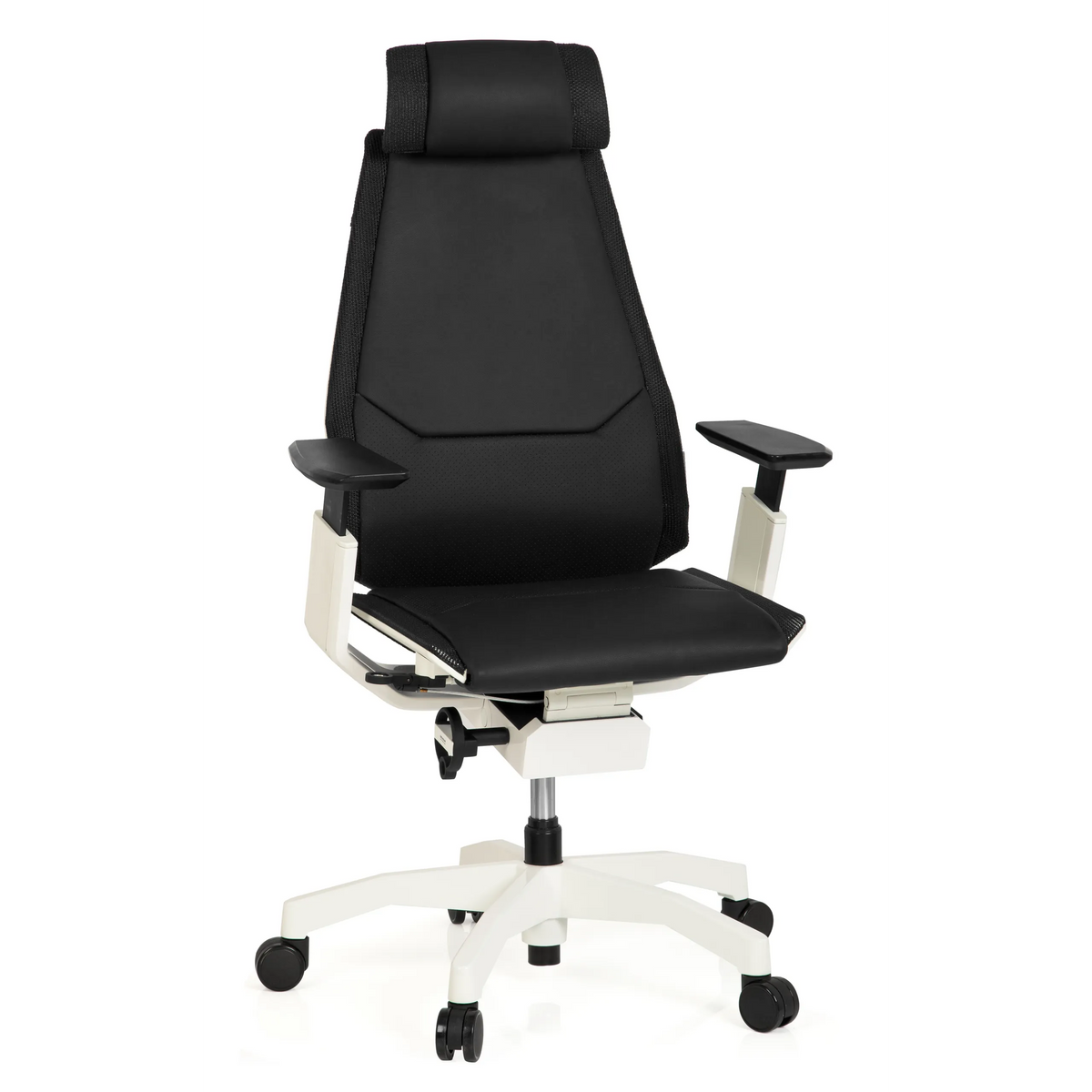 Musta High End -toimistotuoli GENIDIA PRO WHITE nahasta, jossa on valkoinen jalkaristi ja viisi pyörää, valmistaja hjh OFFICE – 360 asteen näkymä (etunäkymä 20°)