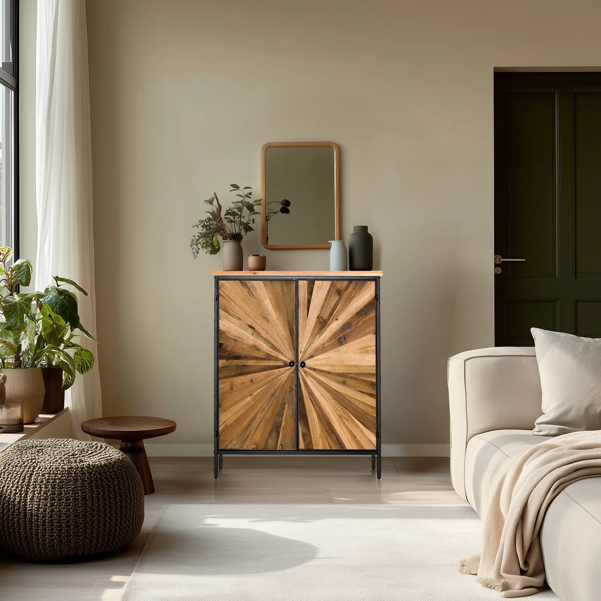 SANTJAGO BLACK SUN XL-lipasto tummissa puunväreissä, jossa on säteittäinen kuvio etupaneeleissa, valmistaja hjh LIVING