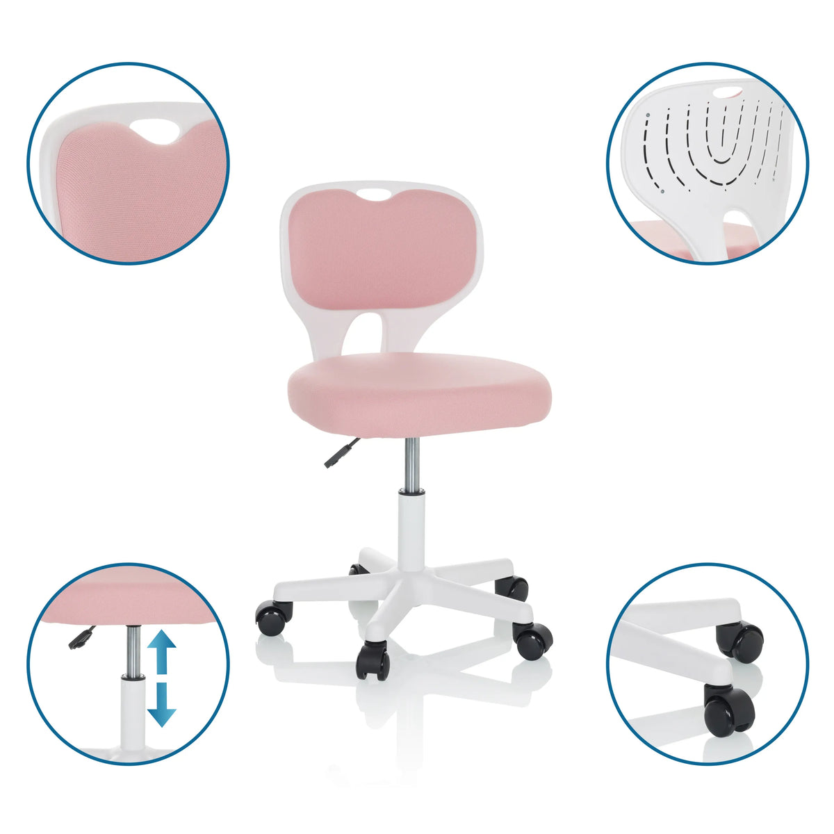 Vaaleanpunainen lasten pyörivä tuoli KIDDY TOP W valkoisella rungolla, pyörillä ja korkeuden säädettävällä istuimella, valmistaja hjh OFFICE