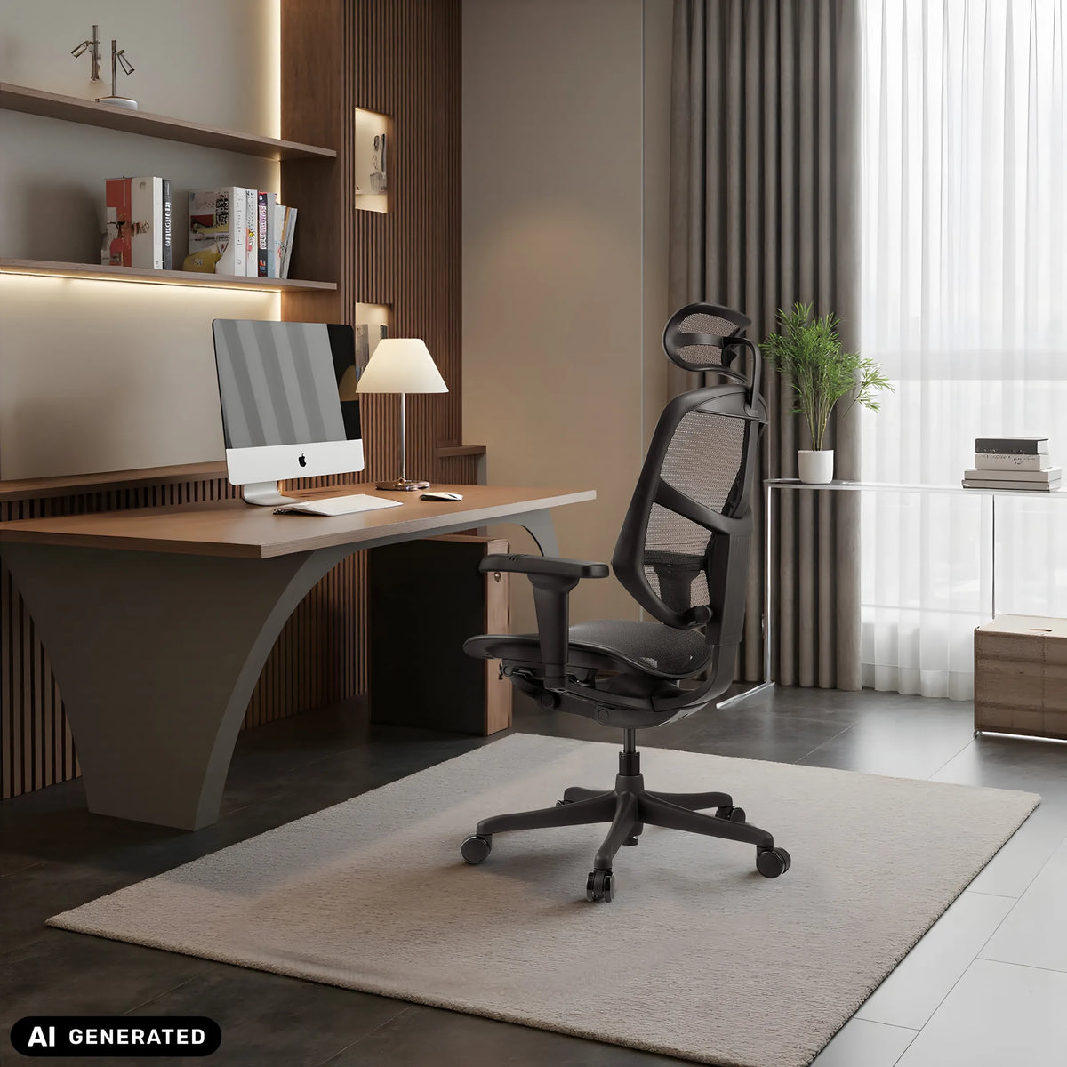 Musta ammattitason toimistotuoli ENJOY ULTRA GEN2 verkkoselkänojalla ja niskatuella, valmistaja hjh OFFICE (tekoälyllä luotu kuva)
