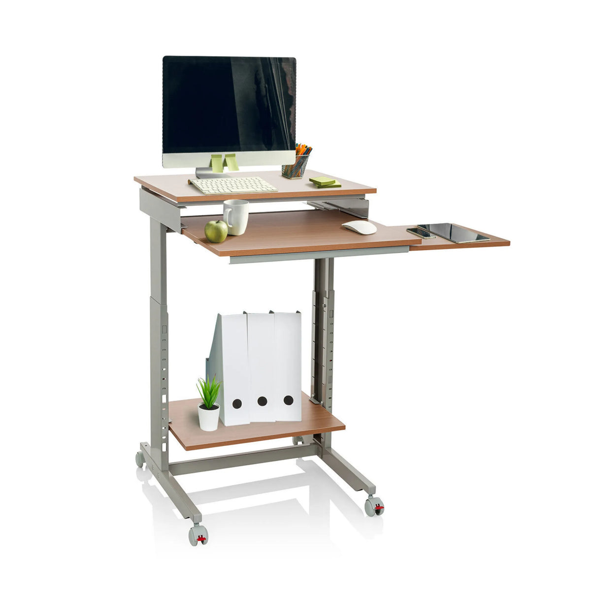 Seisomatyöpöytä WORKSTATION pyökissä ja harmaassa, kaksi tasoa, säilytystila ja pyörät, valmistaja hjh OFFICE
