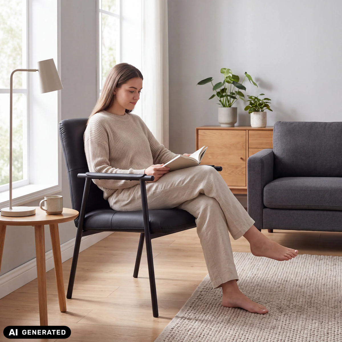 Musta pehmustettu tuoli Lifea Flex keinonahasta käsinojilla, valmistaja hjh LIVING (tekoälyllä luotu kuva)