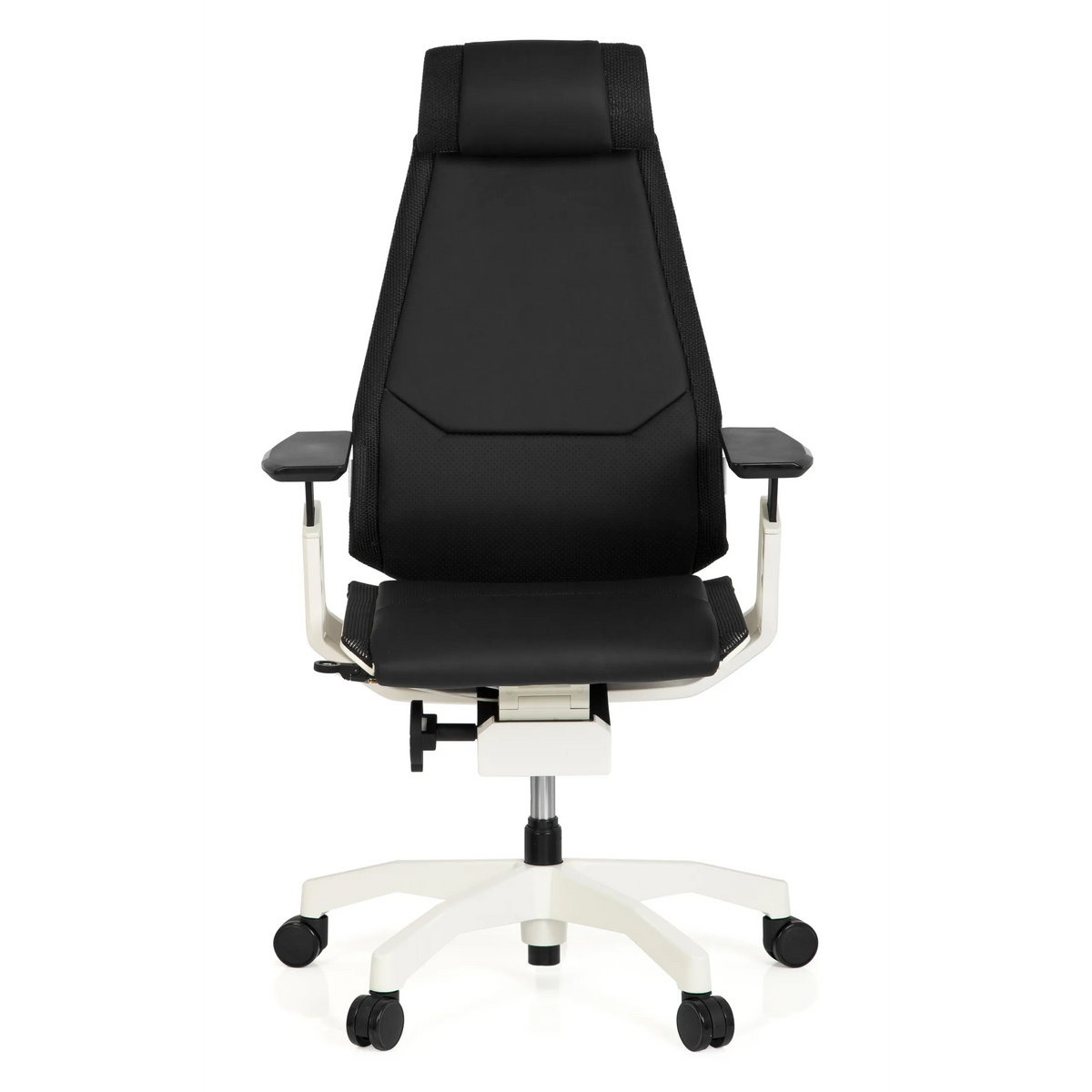Musta High End -toimistotuoli GENIDIA PRO WHITE nahasta, jossa on valkoinen jalkaristi ja viisi pyörää, valmistaja hjh OFFICE – 360 asteen näkymä (etunäkymä 0°)