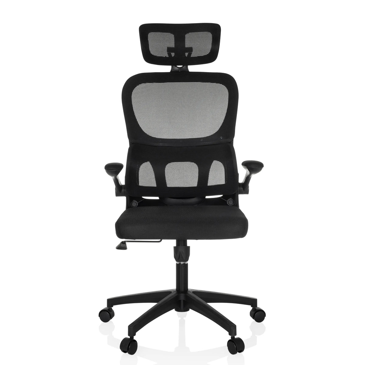 Musta Home Office -toimistotuoli ERGOMY FLEX, verkkoselkänoja, niskatuki ja viisipyöräinen jalka, valmistaja MyBuero – 360 asteen näkymä (etunäkymä 0°)