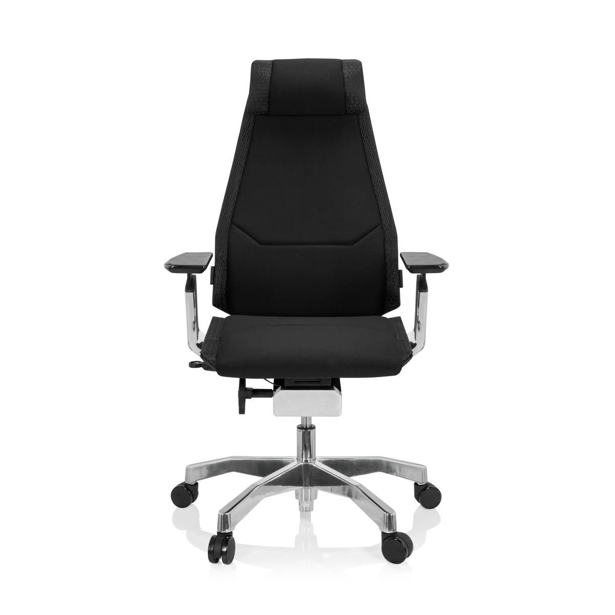 Musta High End -toimistotuoli GENIDIA PRO kangasverhoilulla ja viisisakaraisella rullajalalla, valmistaja hjh OFFICE – 360 asteen näkymä (etunäkymä 0°)