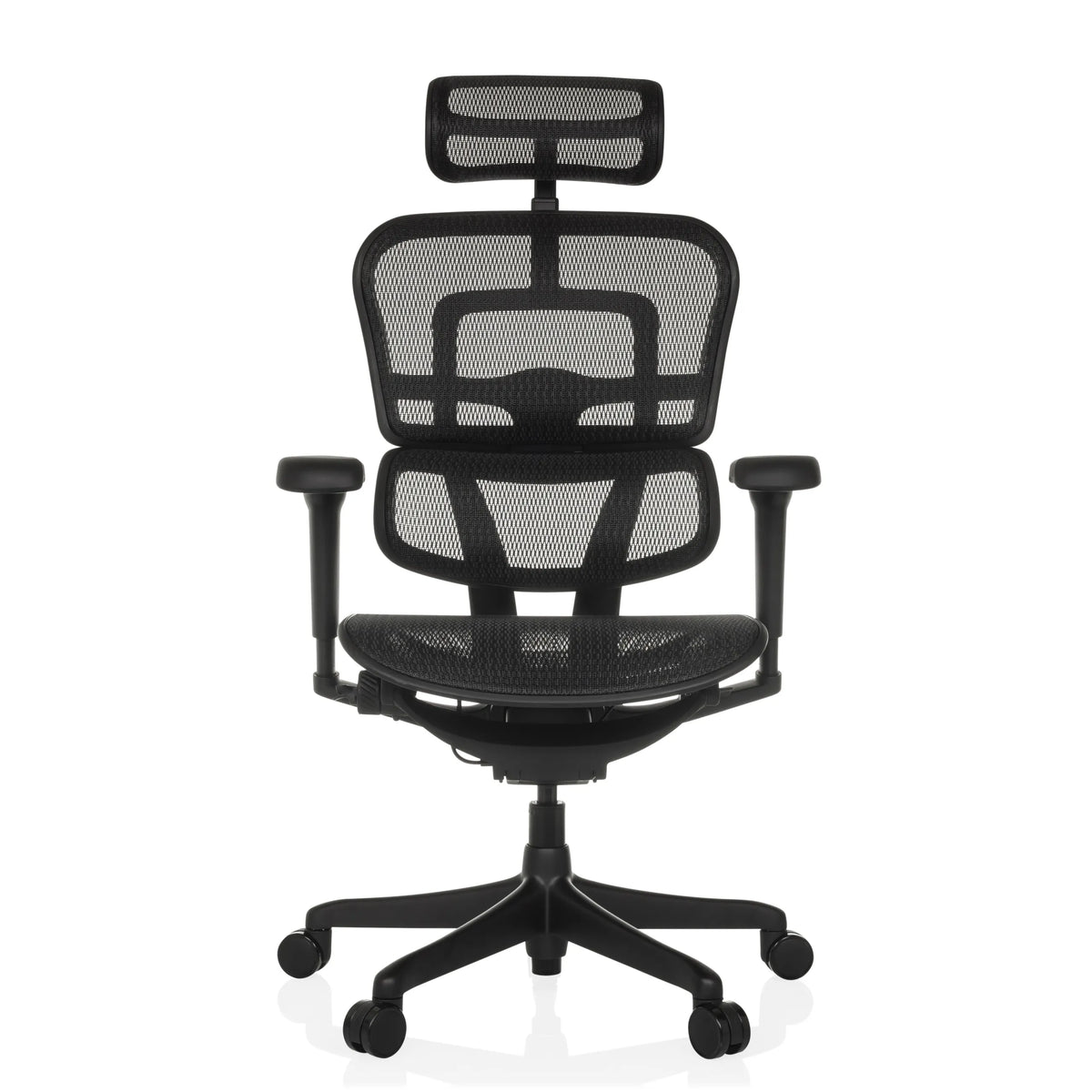 Schwarzer Luxus-Chefsessel ERGOHUMAN SIGNATURE GEN2 mit Netzrücken, Kopfstütze und Fußkreuz mit fünf Rollen von hjh OFFICE – 360-Grad-Ansicht (Frontansicht 0°)