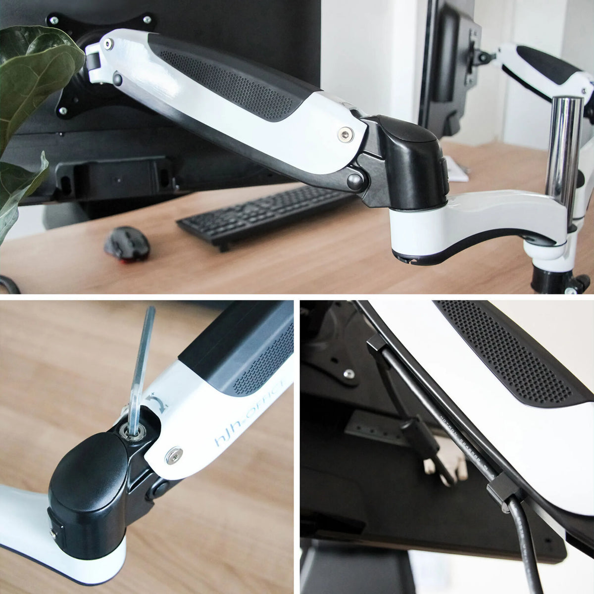 Näyttöteline VM-MG2-telineen nivelvarsi ja kaapelinhallinta väreissä valkoinen-musta, valmistaja hjh OFFICE