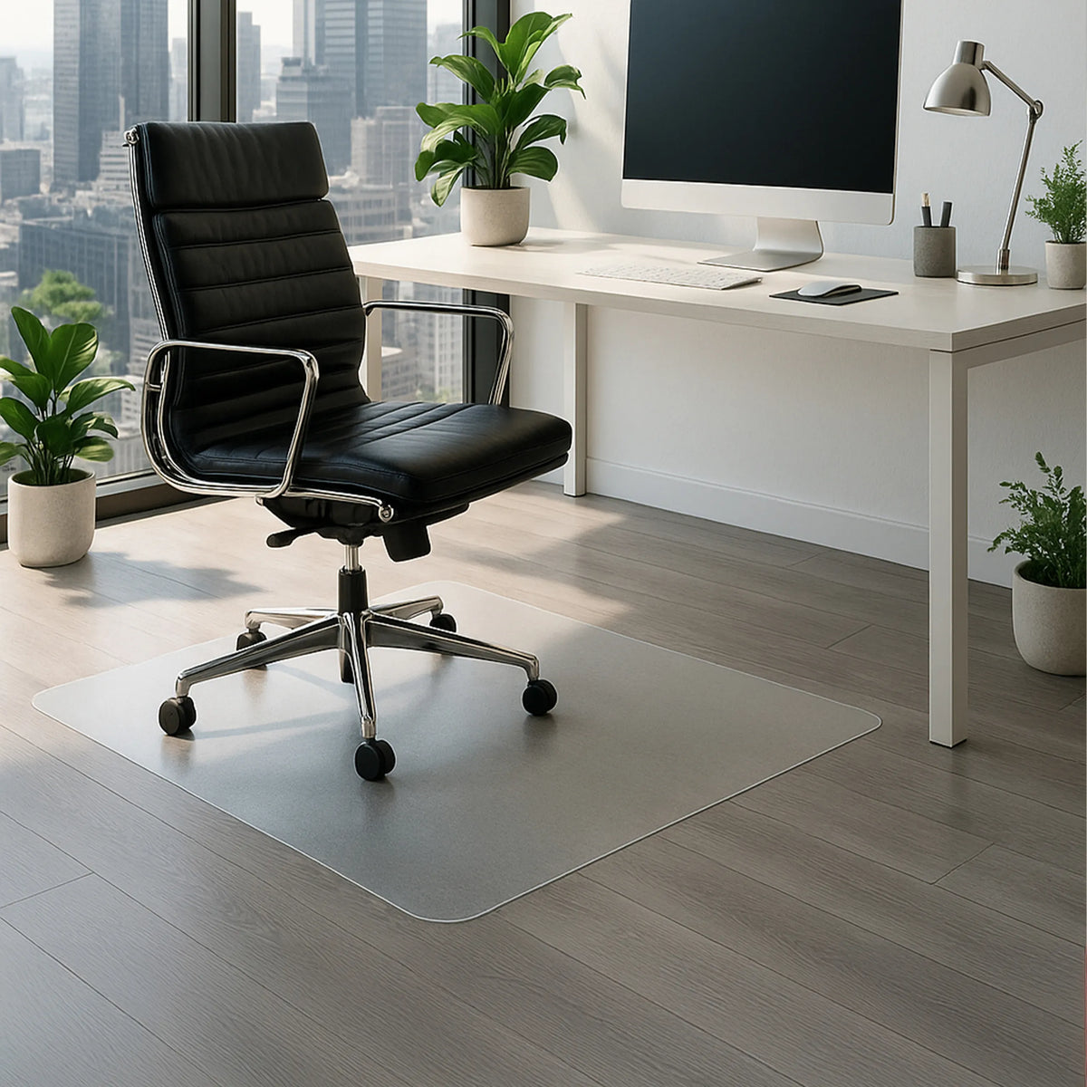 Maitovalkoinen FORTIFLEX suojamatto koville lattioille, 120 × 90 cm, toimistotuolin alla, valmistaja hjh OFFICE