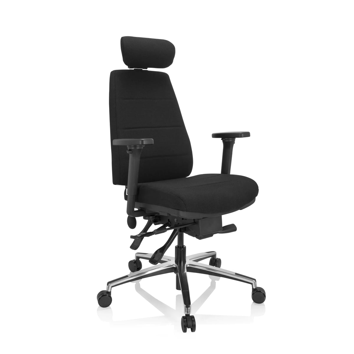 Musta Ammattitason toimistotuoli PHOENIX PRO I niskatuella ja viisipisteisellä pyöräjalustalla, valmistaja hjh OFFICE – 360 asteen näkymä (etuviistonäkymä 40°)