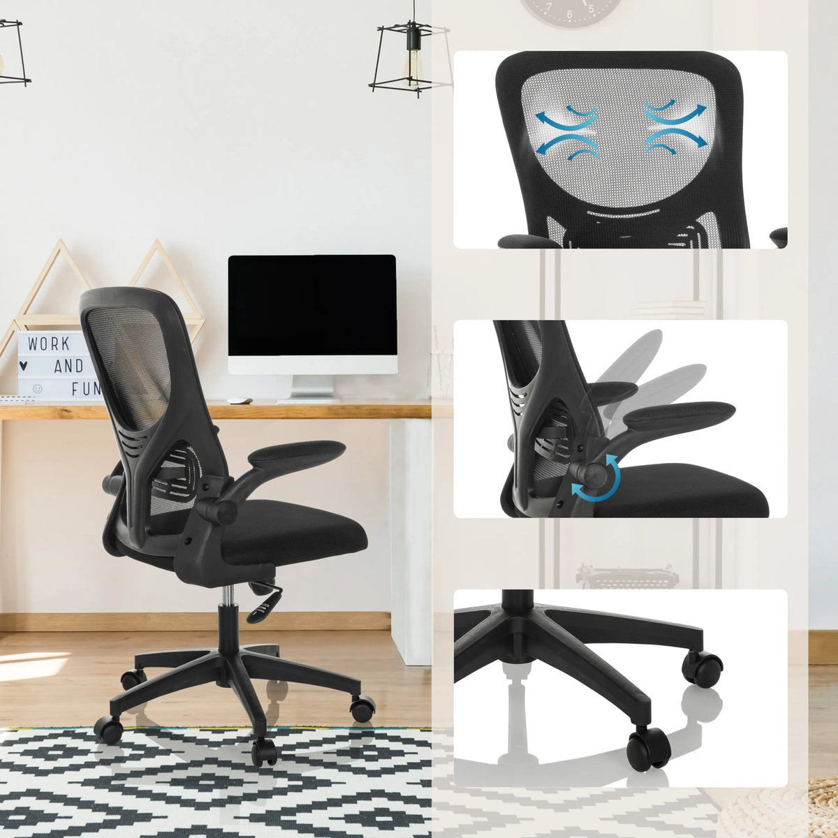 Home Office -toimistotuoli BELIO mustana verkkoselkänojalla, säätömekanismilla ja pyörillä, valmistaja hjh OFFICE