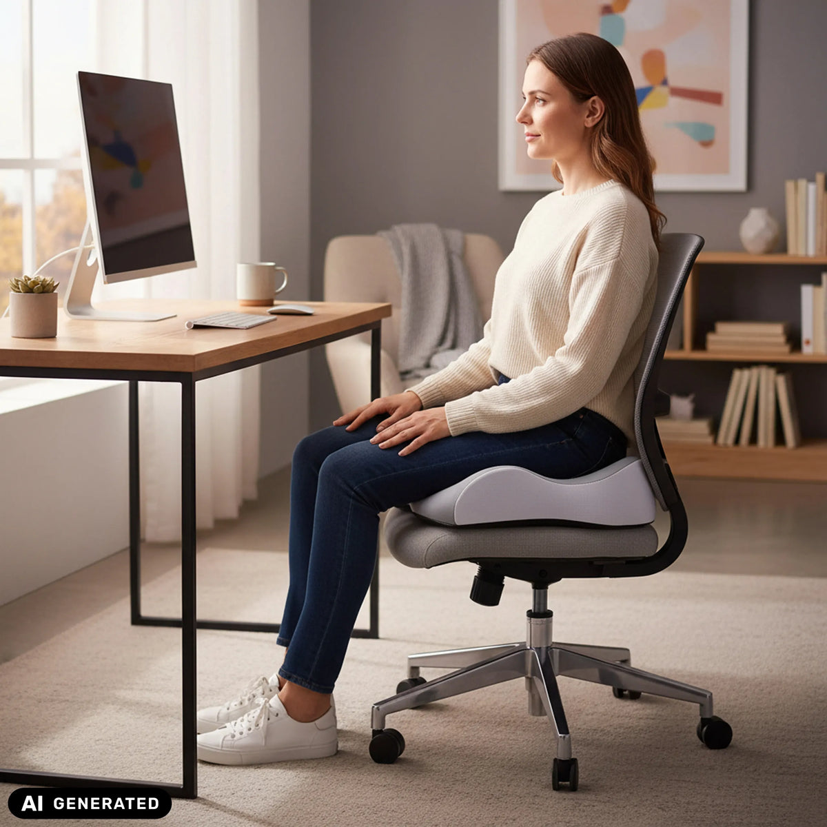Harmaa MEDISIT IV -istuintyyny toimistotuolilla, valmistaja hjh OFFICE (tekoälyllä luotu kuva)