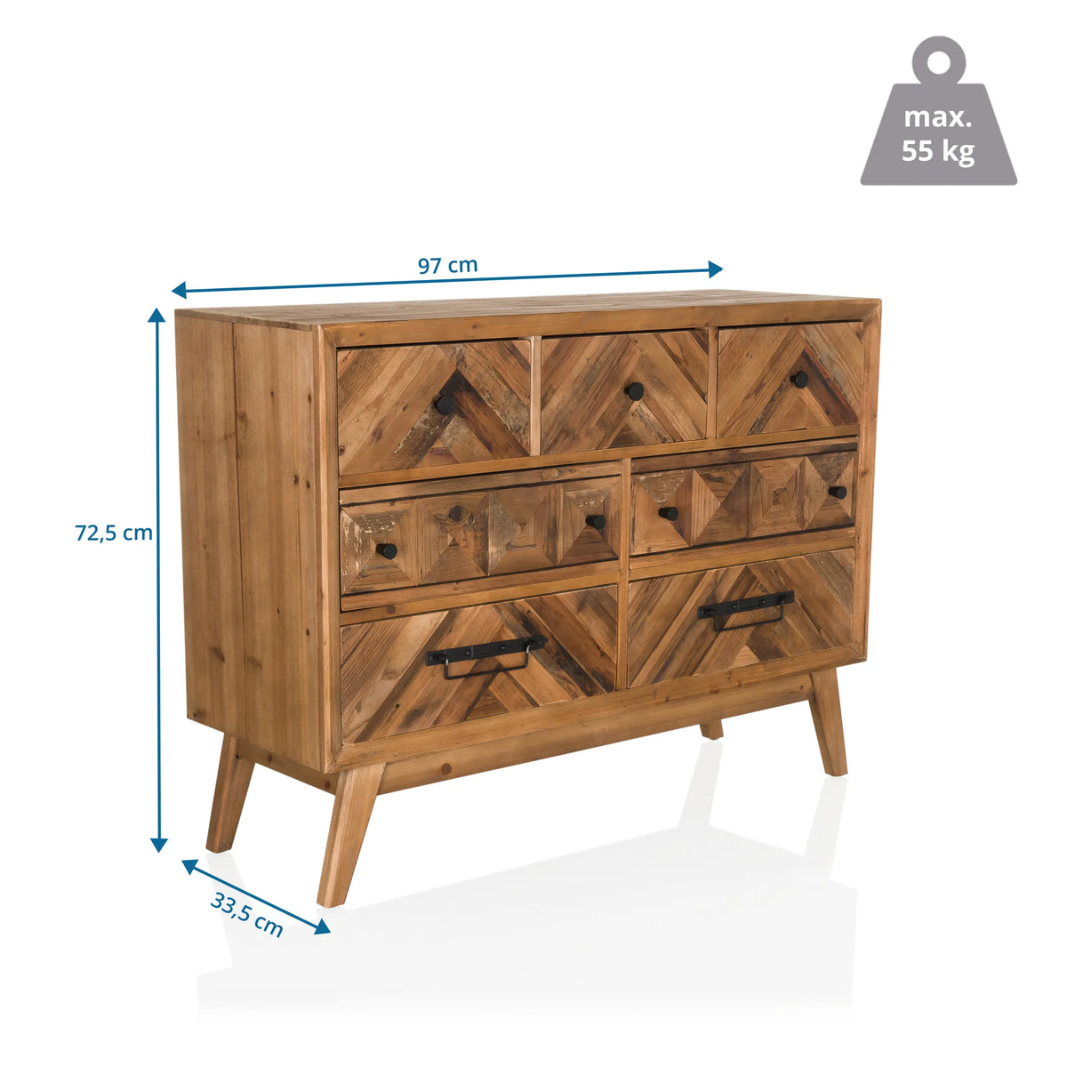 Sivupöytä SANTJAGO WOOD XL mittapiirros, 97 × 72,5 cm ja maksimikuorma 55 kg, valmistaja hjh LIVING