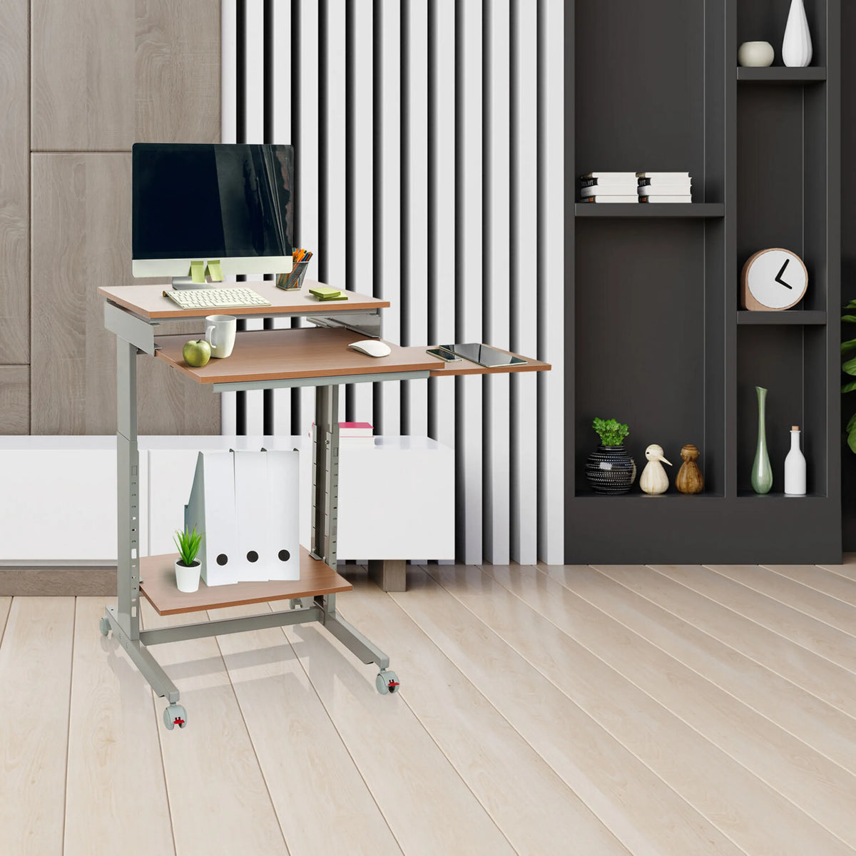 Seisomatyöpöytä WORKSTATION pyökissä ja harmaana kolmella tasolla ja pyörillä, valmistaja hjh OFFICE