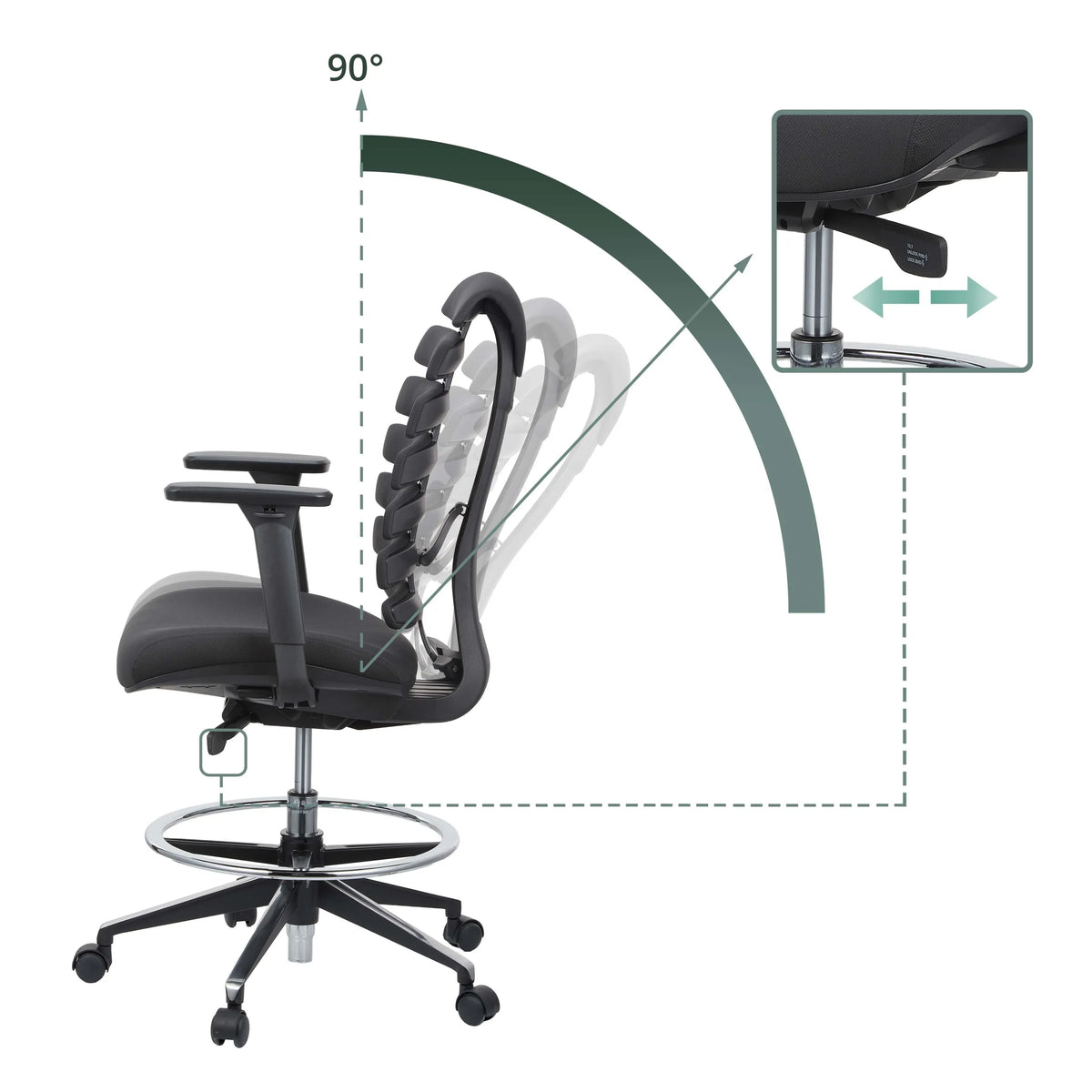 Korkean työtuolin ERGO LINE II WORK kallistusmekanismi 90 asteen säädöllä ja säätövipulla, valmistaja hjh OFFICE