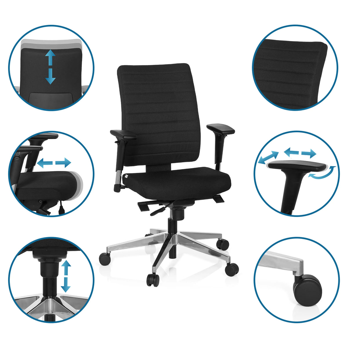 Ammattitason toimistotuoli PRO-TEC 350-tuolin säädettävät toiminnot mustana, valmistaja hjh OFFICE