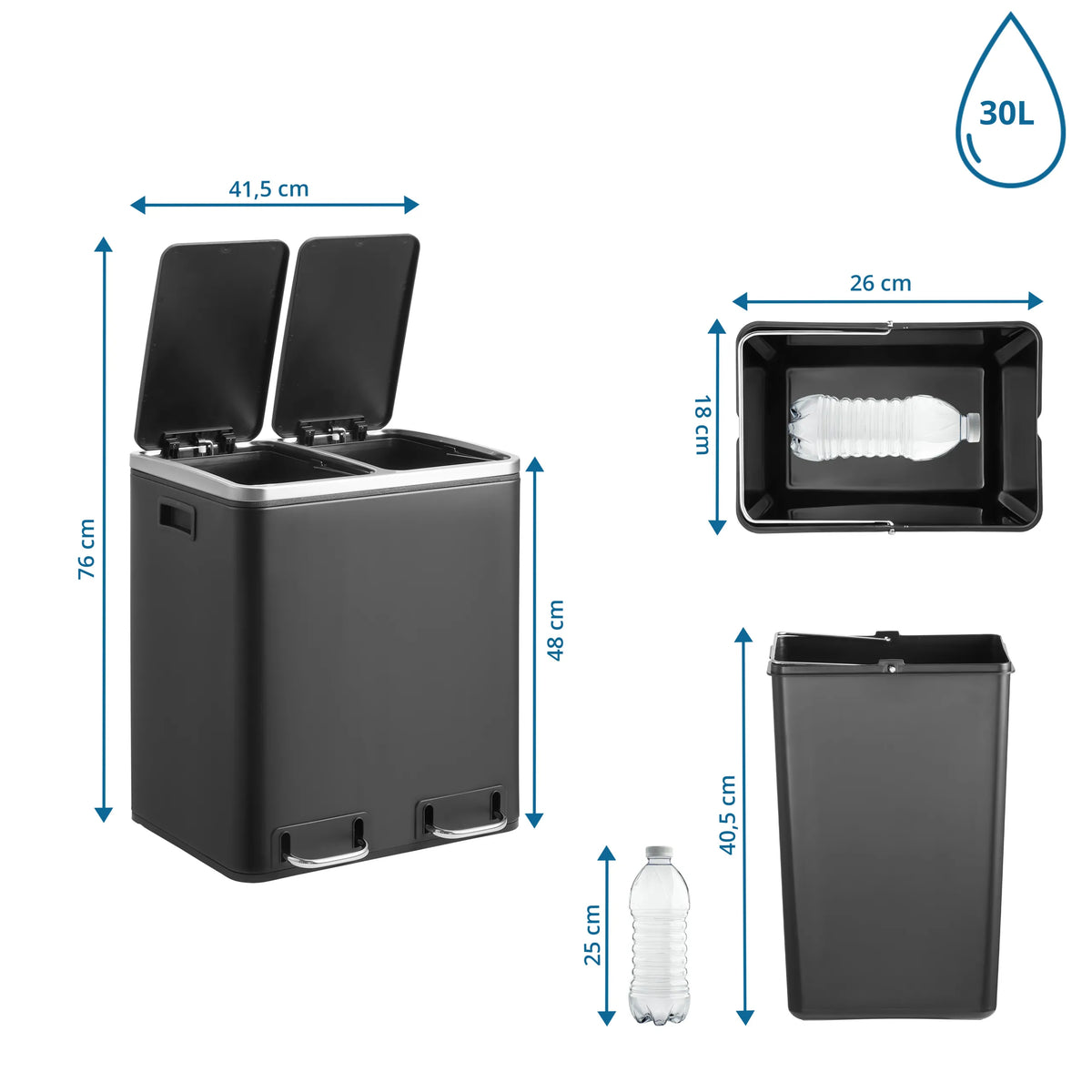 Roskakori Clean 9 mittojen piirustus, korkeus 76 cm ja tilavuus 30 l, valmistaja hjh OFFICE