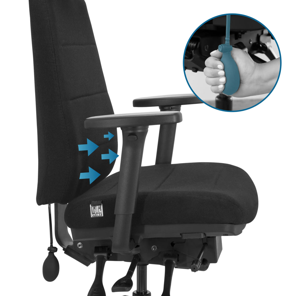 Ammattitason toimistotuoli PHOENIX PRO I -mallin säädettävä ristiselkätuki, valmistaja hjh OFFICE