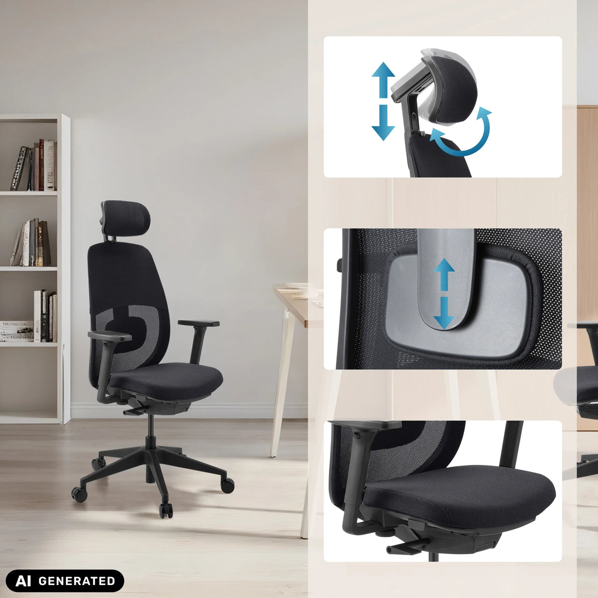Ammattitason toimistotuolin Skandis Pro säädettävä niskatuki ja alaselän tuki, valmistaja hjh OFFICE (tekoälyllä luotu kuva)