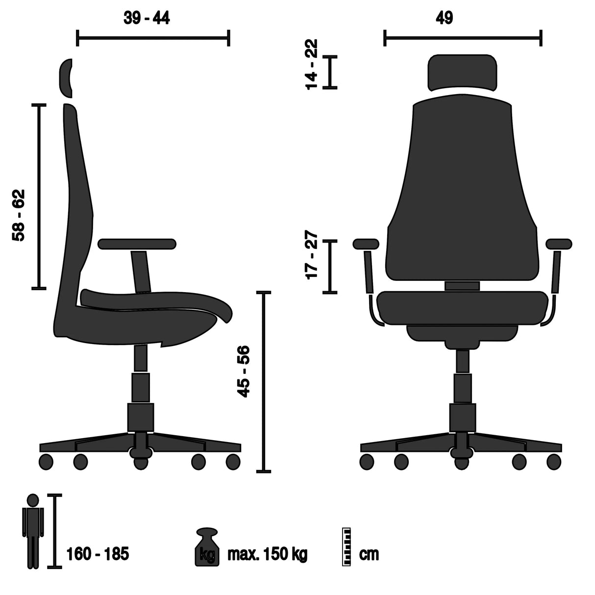 Luksustoimistotuoli ERGOHUMAN GEN2 tekninen piirustus, maksimikuormitus 150 kg, valmistaja hjh OFFICE