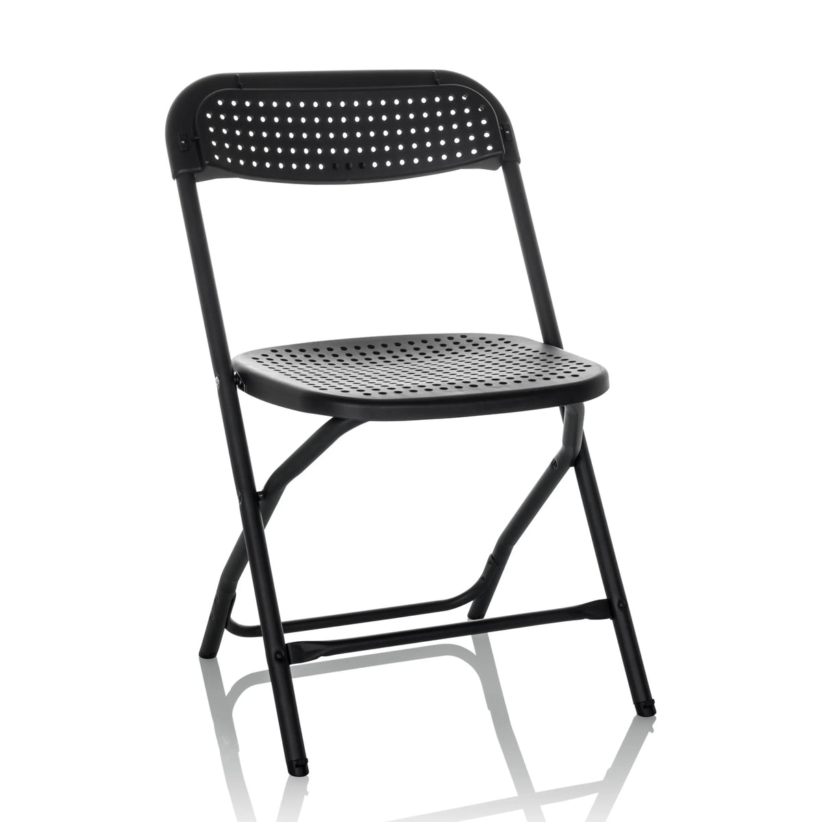 Schwarzer Outdoor-Stuhl TUDELA XXL PRO mit perforierter Sitz- und Rückenfläche von hjh OFFICE – 360-Grad-Ansicht (Frontansicht 15°)