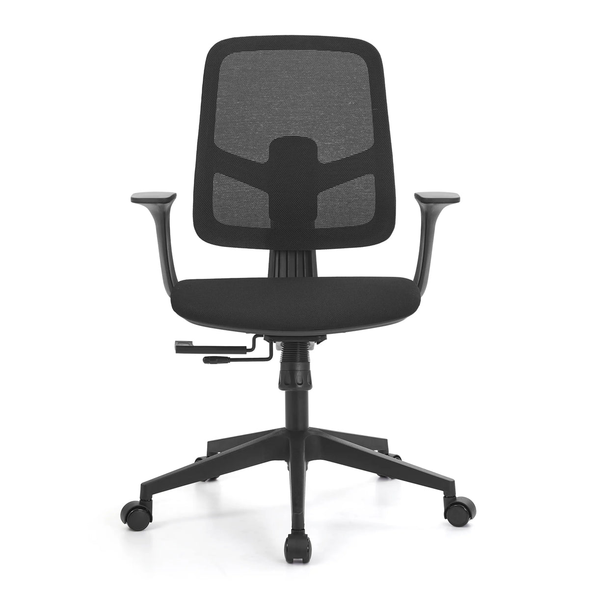 Musta Home Office -toimistotuoli Malio verkkoselkänojalla ja viisipyöräisellä jalustalla, valmistaja hjh OFFICE – 360 asteen näkymä (etunäkymä 0°)