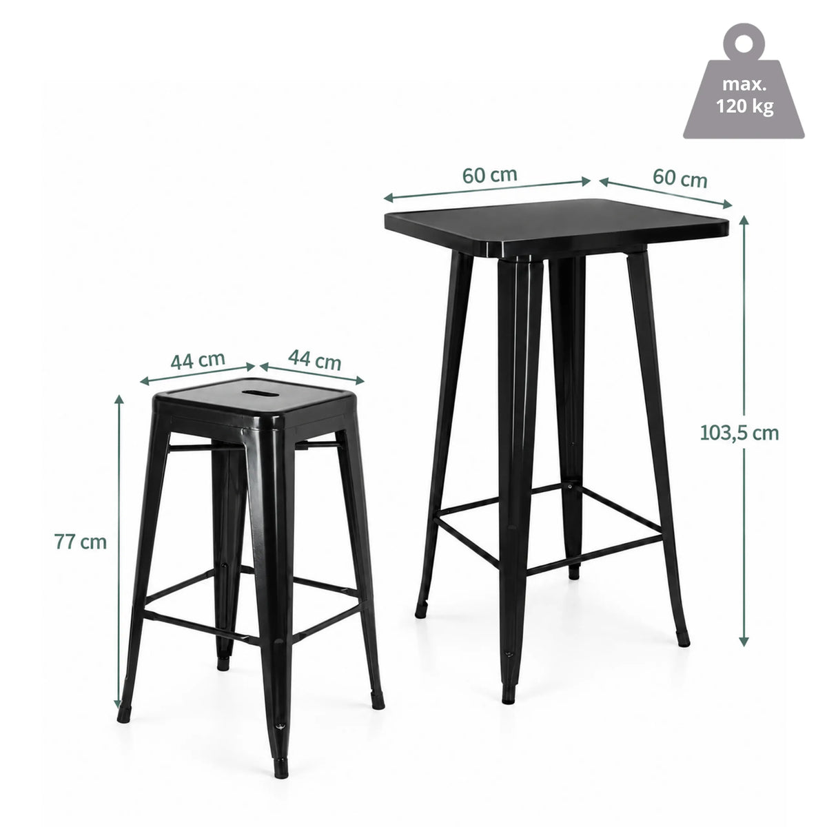 Vantaggio Set-baaripöytäryhmän mittoja, pöydän koko 60 × 60 cm ja korkeus 103,5 cm, valmistaja hjh OFFICE