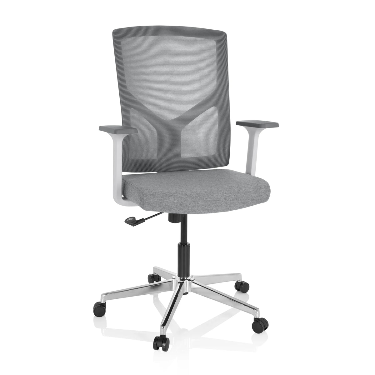 Harmaa Home Office -toimistotuoli BRETON BASE W verkkoselkänojalla ja viisijalkaisella pyörätuella, valmistaja hjh OFFICE – 360 asteen näkymä (etunäkymä 20°)