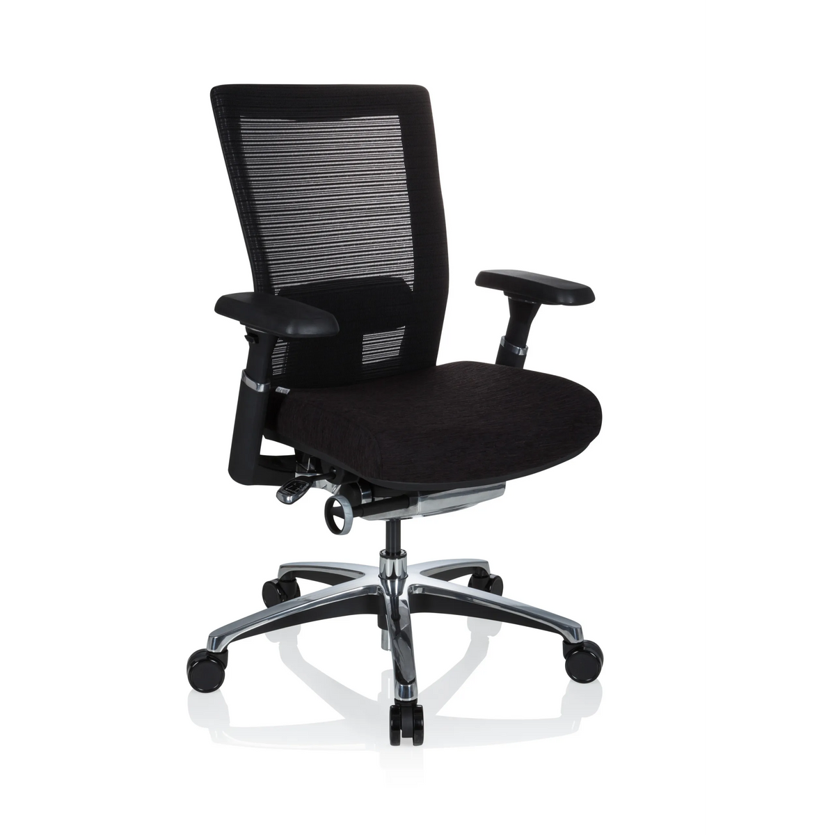 Musta High End -toimistotuoli NOVA PRO ALU verkkoselkänojalla ja viisijalkaisella rullajalustalla, valmistaja hjh OFFICE – 360 asteen näkymä (etuviistonäkymä 40°)