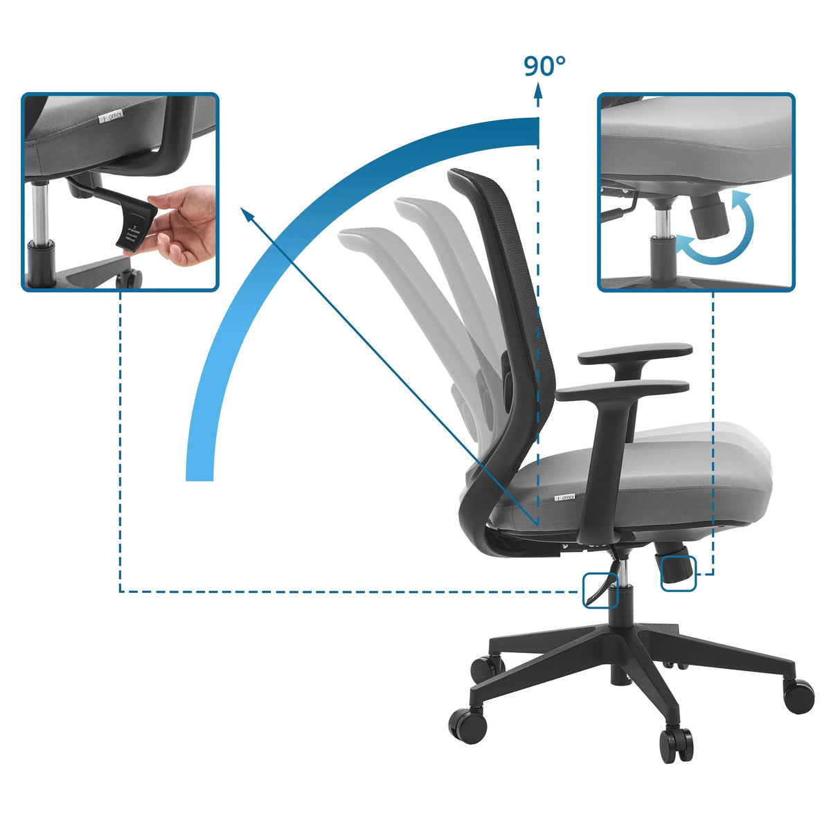 90 asteen kallistettava selkänoja ja korkeussäätö Home Office -toimistotuoli Sedito, valmistaja hjh OFFICE