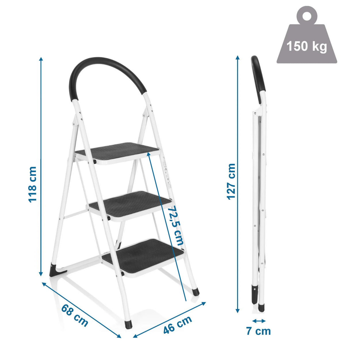 Mittaustiedot: Taitettavat tikkaat SOLID W2, korkeus 118 cm ja kantavuus 150 kg, valmistaja hjh OFFICE