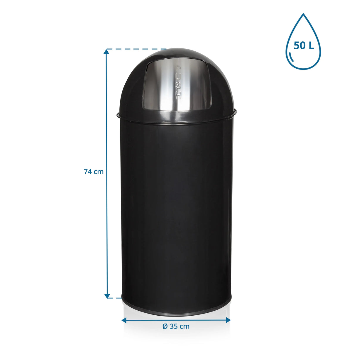 Roskakori PUSH 50L mittakuva: korkeus 74 cm ja halkaisija 35 cm, valmistaja hjh OFFICE