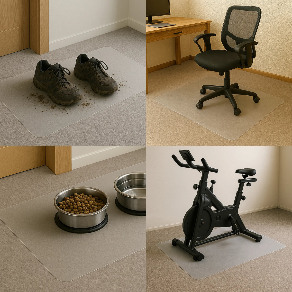 ULTIMAT II-suojamatto läpinäkyvää polykarbonaattia eri käyttöympäristöissä maton päällä, valmistaja Floortex