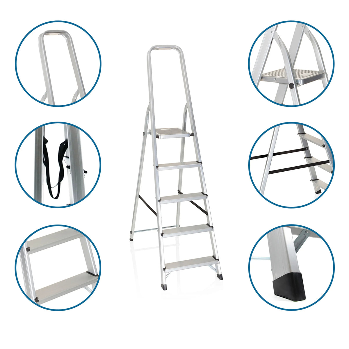 Alumiiniset taitettavat tikkaat SOLID III, jossa on viisi askelmaa, kantohihna ja liukuestojalat, valmistaja hjh OFFICE