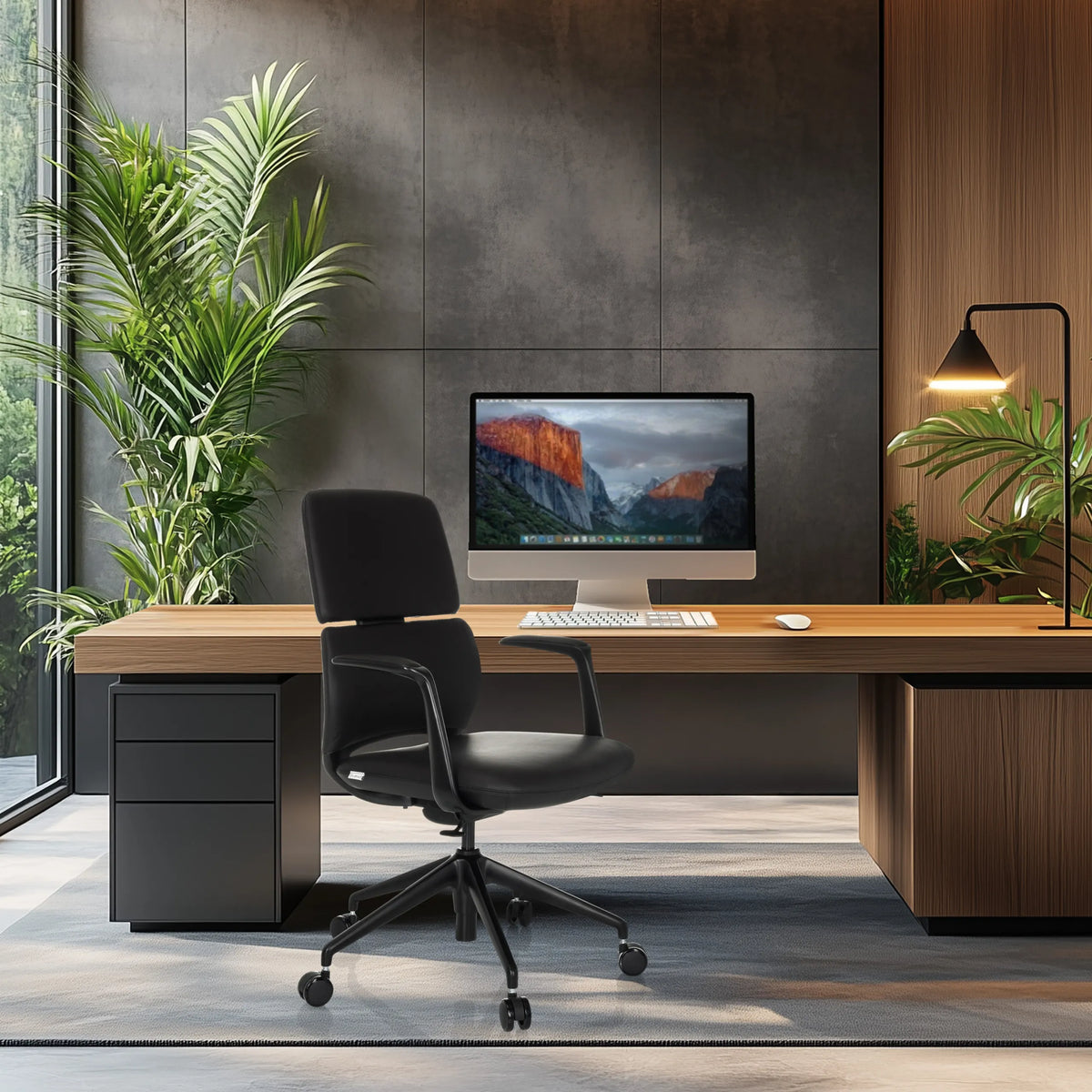 Musta Ammattitason toimistotuoli ATMOS DESIGNER käsinojilla ja pyörillä työpöydän ääressä, valmistaja hjh OFFICE