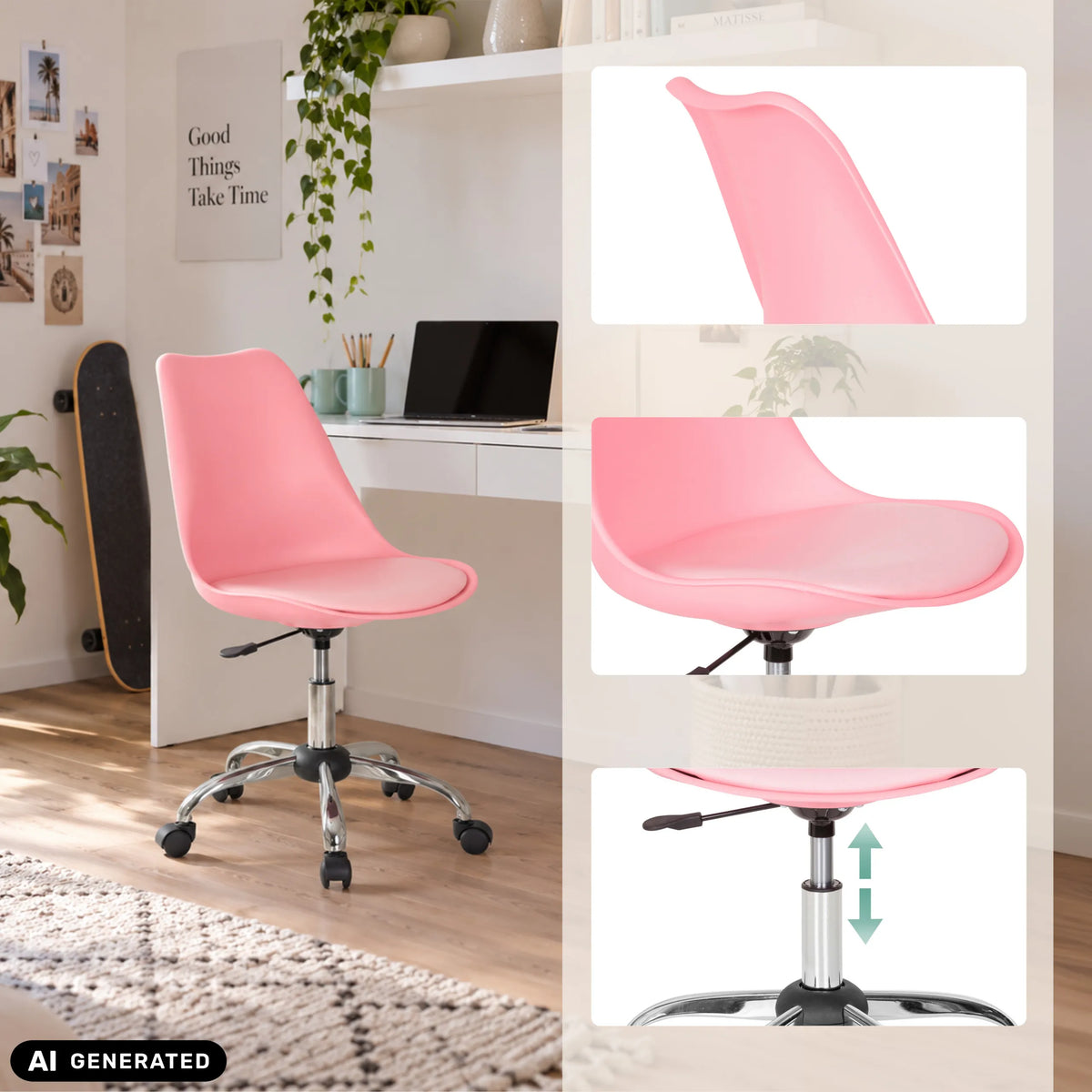 Vaaleanpunainen Home Office -toimistotuoli FANCY PRO kromijaloilla ja pyörillä, valmistaja hjh OFFICE
