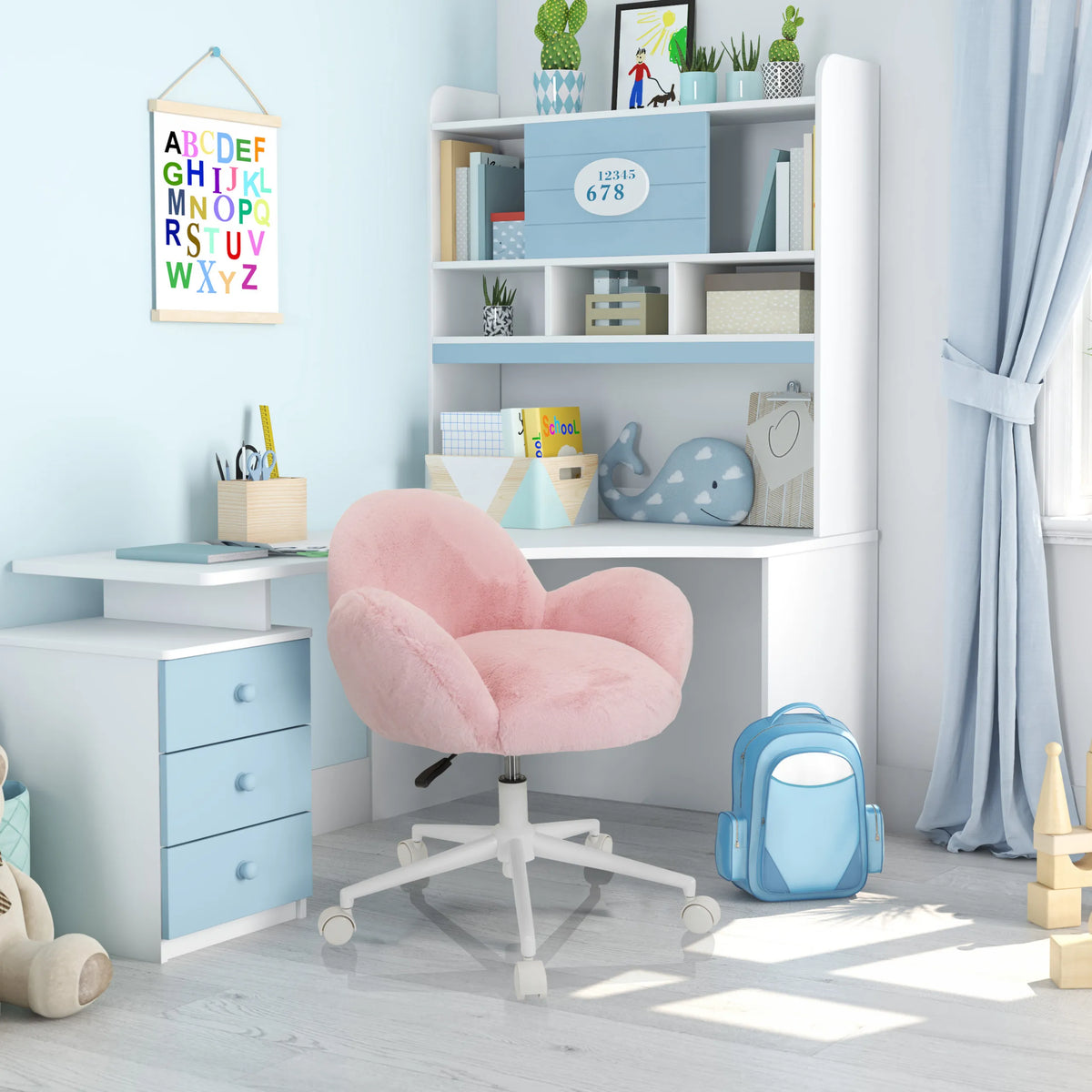 Vaaleanpunainen Lasten pyörivä tuoli KID TEDDY, jossa on pörröinen päällyste ja valkoinen ristikkojalka pyörillä, valmistaja hjh OFFICE