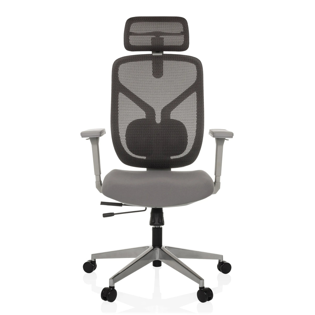 Harmaa High End -toimistotuoli CASSILIS W verkkoselkänojalla ja viisipisteisellä rullajalustalla, valmistaja hjh OFFICE – 360 asteen näkymä (etunäkymä 0°)
